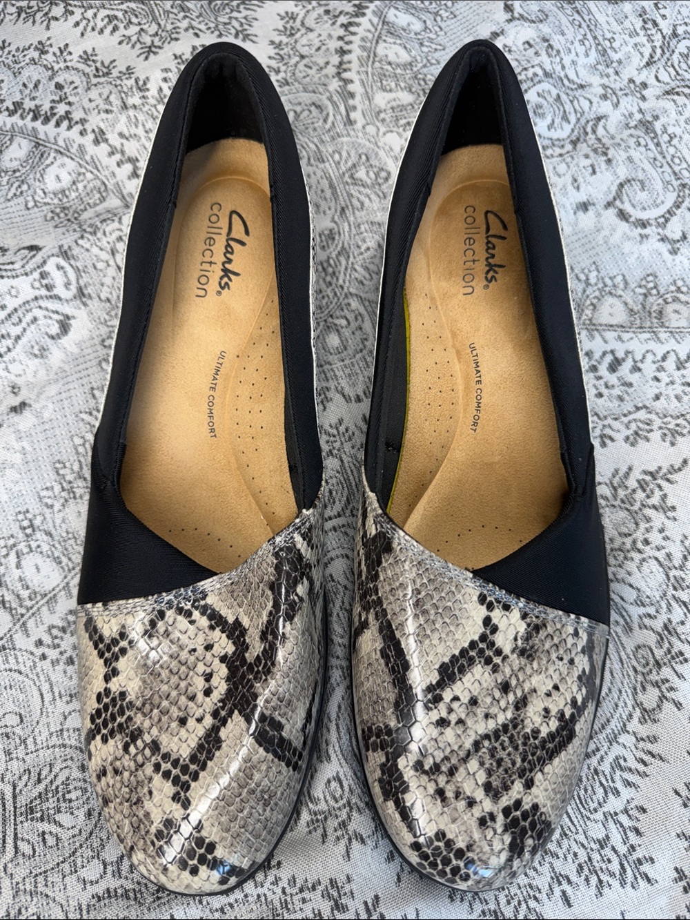 Clarks -  Snake Print and Black Slip-On Flats - Size 7.5